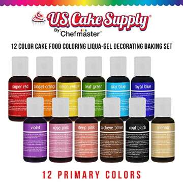 U.S. Cake Supply 12 Color Cake Food Coloring Liqua-Gel Decorating Set - .75 fl. Oz. (20ml) Bottles P...