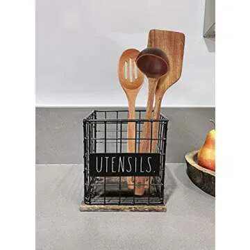 Rae Dunn Utensil Caddy - Silverware Holder, Cutlery Caddy for Fork, Knife and Spoon - Rustic Farmhouse Metal Grid-Iron Frame - Kitchen Organizer and Countertop Space Saver for Flatware