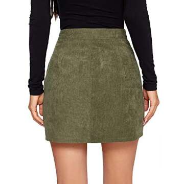 WDIRARA Women's Mid Waist Corduroy A-line Slim fit Button Casual Mini Skirt Army Green Solid L