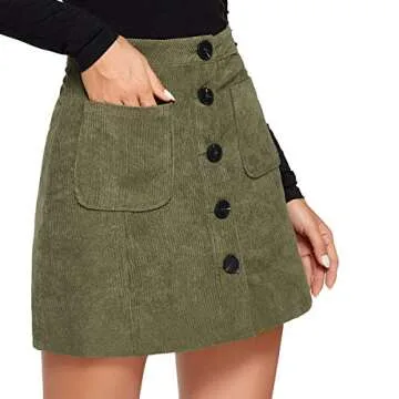 WDIRARA Women's Mid Waist Corduroy A-line Slim fit Button Casual Mini Skirt Army Green Solid L