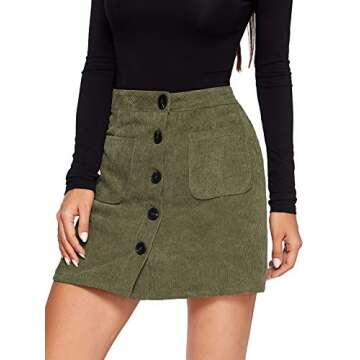 WDIRARA Women's Mid Waist Corduroy A-line Slim fit Button Casual Mini Skirt Army Green Solid L