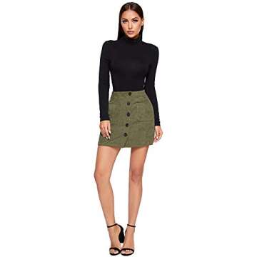 WDIRARA Women's Mid Waist Corduroy A-line Slim fit Button Casual Mini Skirt Army Green Solid L