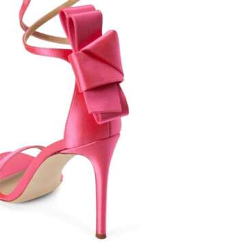 FSJ Women Cute Back Bow Knot Heeled Sandals Stiletto Heels Open Toe One Strap Satin Bridal Wedding Sandals Sexy Summer Party Dress Shoes Size 8.5 Deep Pink