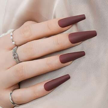 Jofay Fashion Press on Nails - Long Coffin Dark Red Stick Ons