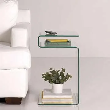 FENGHUA GLASS HOME S-Shaped Night Stands for Bedrooms Glass Bedside Table with Storage Shelves,End Table Small Coffee Table for Living Room