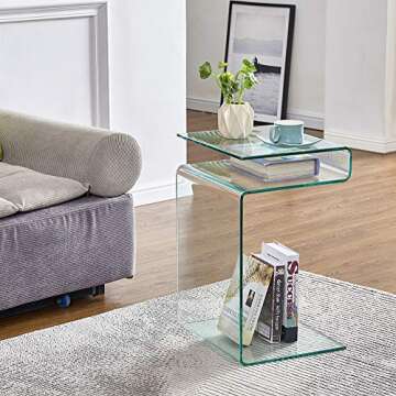 FENGHUA GLASS HOME S-Shaped Night Stands for Bedrooms Glass Bedside Table with Storage Shelves,End Table Small Coffee Table for Living Room