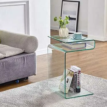 FENGHUA GLASS HOME S-Shaped Night Stands for Bedrooms Glass Bedside Table with Storage Shelves,End Table Small Coffee Table for Living Room