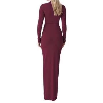 ISZPLUSH Women’s Maxi Dress High Collar Long Sleeve Waist Rouched Solid Slim Fit Autumn Spring Party Club Evening Bodycon Maxi Dress A-Wine Red