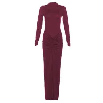 ISZPLUSH Women’s Maxi Dress High Collar Long Sleeve Waist Rouched Solid Slim Fit Autumn Spring Party Club Evening Bodycon Maxi Dress A-Wine Red