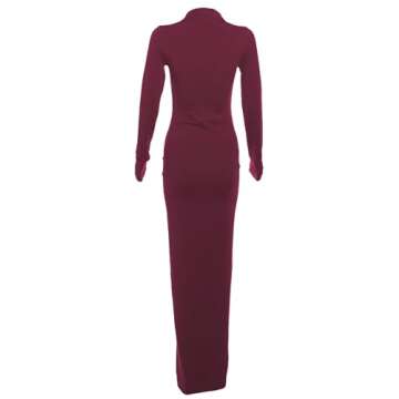 ISZPLUSH Women’s Maxi Dress High Collar Long Sleeve Waist Rouched Solid Slim Fit Autumn Spring Party Club Evening Bodycon Maxi Dress A-Wine Red