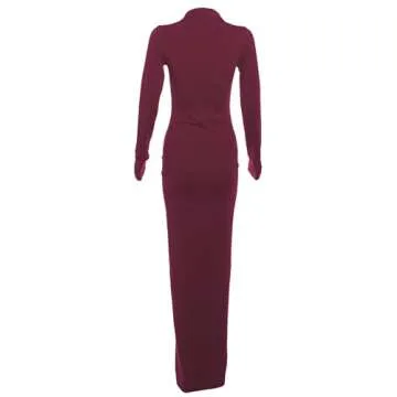 ISZPLUSH Women’s Maxi Dress High Collar Long Sleeve Waist Rouched Solid Slim Fit Autumn Spring Party Club Evening Bodycon Maxi Dress A-Wine Red