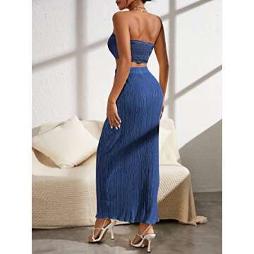 OYOANGLE Women's 2 Piece Outfits Off Shoulder Shirred Back Drawstring Ruched Front Crop Tube Top Plisse Skirt Set Blue L