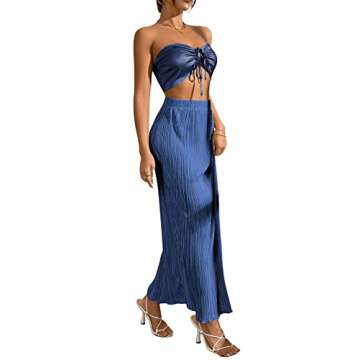 OYOANGLE Women's 2 Piece Outfits Off Shoulder Shirred Back Drawstring Ruched Front Crop Tube Top Plisse Skirt Set Blue L