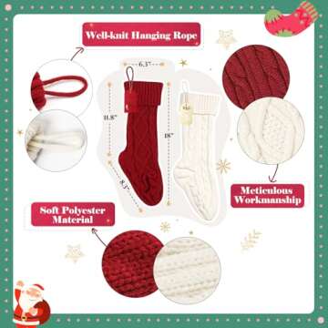 HOMEBROS Christmas Stockings, Personalized Family Christmas Stockings with Name Tags 18" Large Classic Cable Knit Christmas Stockings Burgundy Ivory White for Christmas Decor - 4 Pcs