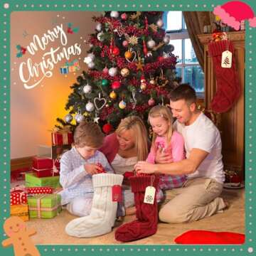 HOMEBROS Christmas Stockings, Personalized Family Christmas Stockings with Name Tags 18" Large Classic Cable Knit Christmas Stockings Burgundy Ivory White for Christmas Decor - 4 Pcs