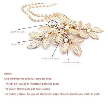 Vintage Bridal Gold leaf Hair Comb Headpiece Greek/Roman Bridal Hair Accessories for Women Wedding with Pearl Rhinestone (Gold 1)