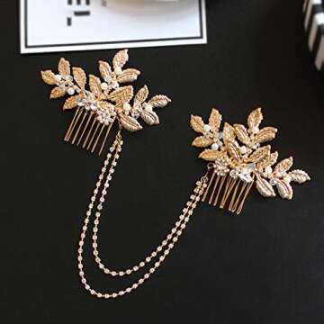 Vintage Bridal Gold leaf Hair Comb Headpiece Greek/Roman Bridal Hair Accessories for Women Wedding with Pearl Rhinestone (Gold 1)