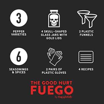 The Good Hurt Fuego by Thoughtfully, DIY Hot Sauce Set, Hot Sauce Making Kit Includes 4 Skull Shaped Reusable Glass Jars, 2 Funnels, Seasonings, Gloves and Recipe Book to Make Your Own Hot Sauce