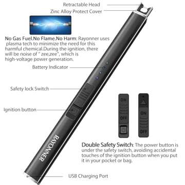RAYONNER Electric Candle Lighter Rechargeable Lighters Valentines Day Gifts Easter Basket Stuffers Plasma Arc Lighters Windproof & Flameless USB Rechargeable with Safety Switch(1Pack, Black)