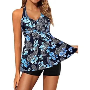 Yonique Two Piece Tankini Swimsuits for Women with Shorts Halter V Neck Bathing Suits Flowy Twist Front Swimwear Paisley S Blue Flower