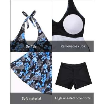 Yonique Two Piece Tankini Swimsuits for Women with Shorts Halter V Neck Bathing Suits Flowy Twist Front Swimwear Paisley S Blue Flower