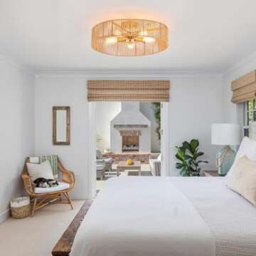 MhyTogn 24" Natural Rattan Flush Mount Ceiling Light Fixture Antique Brass Brush Paint Finish Boho Chandelier for Porch Patio Hallway Bedroom Living Room Kitchen Island 5-Light