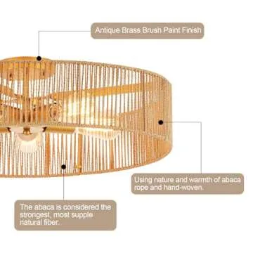 MhyTogn 24" Natural Rattan Flush Mount Ceiling Light Fixture Antique Brass Brush Paint Finish Boho Chandelier for Porch Patio Hallway Bedroom Living Room Kitchen Island 5-Light