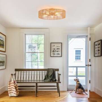 MhyTogn 24" Natural Rattan Flush Mount Ceiling Light Fixture Antique Brass Brush Paint Finish Boho Chandelier for Porch Patio Hallway Bedroom Living Room Kitchen Island 5-Light