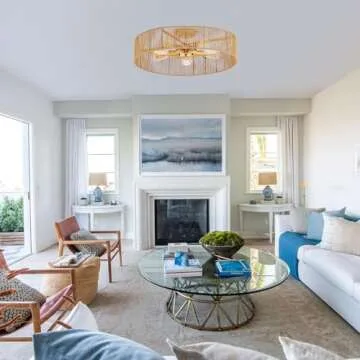 MhyTogn 24" Natural Rattan Flush Mount Ceiling Light Fixture Antique Brass Brush Paint Finish Boho Chandelier for Porch Patio Hallway Bedroom Living Room Kitchen Island 5-Light