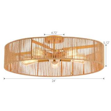 MhyTogn 24" Natural Rattan Flush Mount Ceiling Light Fixture Antique Brass Brush Paint Finish Boho Chandelier for Porch Patio Hallway Bedroom Living Room Kitchen Island 5-Light