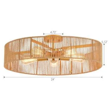 MhyTogn 24" Natural Rattan Flush Mount Ceiling Light Fixture Antique Brass Brush Paint Finish Boho Chandelier for Porch Patio Hallway Bedroom Living Room Kitchen Island 5-Light