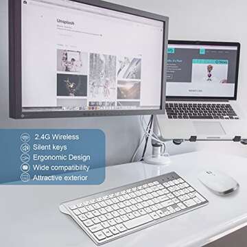 Wireless Keyboard Mouse Combo, 2.4G USB Slim Keyboard and Mouse Silent Full-Size Ergonomic Compact with Number Pad for Laptop PC Computer - Silver