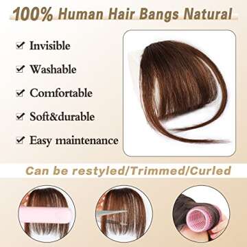 FREEMEIGE Clip in Bangs for Women 100% Human Hair Clip on Bangs Hair Clip Wispy Bangs French Bangs Flat Neat Bangs Fringe with Temples Hairpieces Clip on Curved Bangs for Daily Wear (Light Brown)