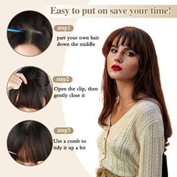 FREEMEIGE Clip in Bangs for Women 100% Human Hair Clip on Bangs Hair Clip Wispy Bangs French Bangs Flat Neat Bangs Fringe with Temples Hairpieces Clip on Curved Bangs for Daily Wear (Light Brown)