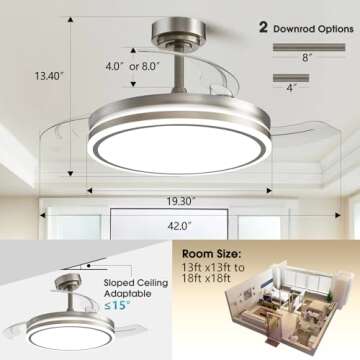 Lvienews 42'' Retractable Ceiling Fans with Lights and Remote, Modern Bladeless Ceiling Fans with LED Lights, Dimmable Fandelier Ceiling Fans for Bedroom Living Room Dining Room Kitchen Patio