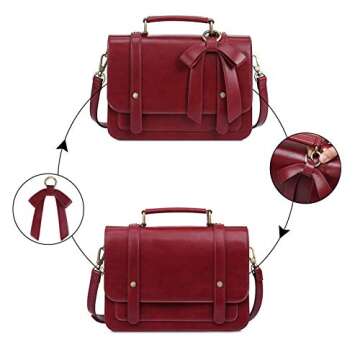 ECOSUSI Small Crossbody Bags Vintage Satchel Work Bag Vegan Leather Shoulder Bag with Detachable Bow, Red