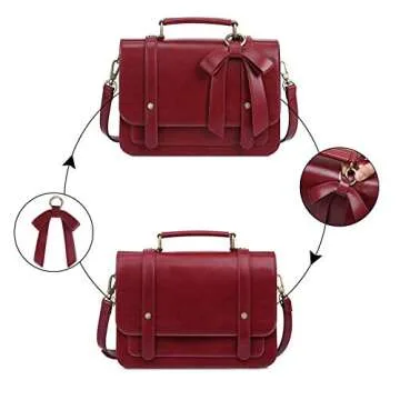 ECOSUSI Small Crossbody Bags Vintage Satchel Work Bag Vegan Leather Shoulder Bag with Detachable Bow, Red