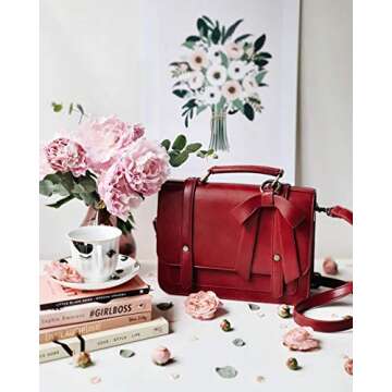 ECOSUSI Small Crossbody Bags Vintage Satchel Work Bag Vegan Leather Shoulder Bag with Detachable Bow, Red