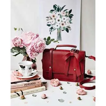 ECOSUSI Small Crossbody Bags Vintage Satchel Work Bag Vegan Leather Shoulder Bag with Detachable Bow, Red