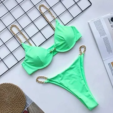 AIBEARTY Women's Sexy Metal Chain Strap Bikini Set Green
