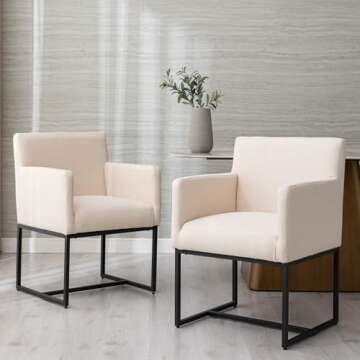 Wahson Modern Cream Dining Chairs Set of 2, Linen Mid Century Upholstered Dining Room Chairs with Arms and Black Metal Base, Accent Chairs for Dining Room/Kitchen/Living Room