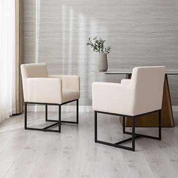 Wahson Modern Cream Dining Chairs Set of 2, Linen Mid Century Upholstered Dining Room Chairs with Arms and Black Metal Base, Accent Chairs for Dining Room/Kitchen/Living Room