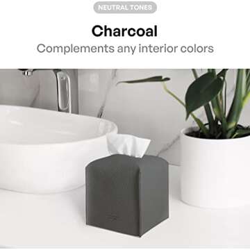 Carrotez Tissue Box Cover, [Refined] Modern PU Leather Square Tissue Box Holder - Decorative Holder/Organizer for Bathroom Vanity Countertop, Night Stands, Office Desk & Car 5"X5"X5" - Charcoal