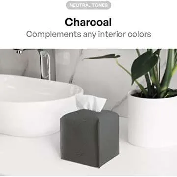 Carrotez Tissue Box Cover, [Refined] Modern PU Leather Square Tissue Box Holder - Decorative Holder/Organizer for Bathroom Vanity Countertop, Night Stands, Office Desk & Car 5"X5"X5" - Charcoal