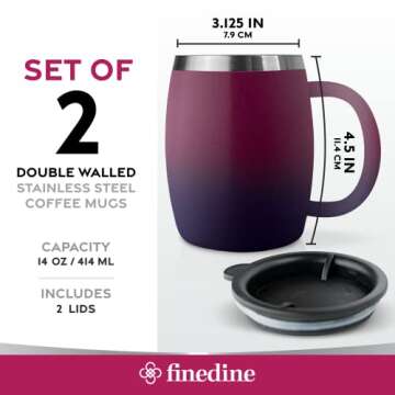 FineDine Insulated Stainless-Steel Coffee Mug with Lid and Handle (2 Pk) 14 oz - BPA-Free Spillproof...