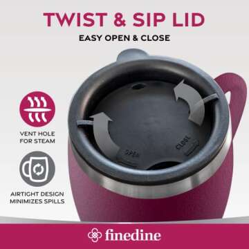 FineDine Insulated Stainless-Steel Coffee Mug with Lid and Handle (2 Pk) 14 oz - BPA-Free Spillproof Lid, Double-Wall Camping Travel Coffee Mugs, Purple Print