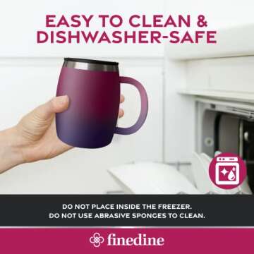 FineDine Insulated Stainless-Steel Coffee Mug with Lid and Handle (2 Pk) 14 oz - BPA-Free Spillproof Lid, Double-Wall Camping Travel Coffee Mugs, Purple Print