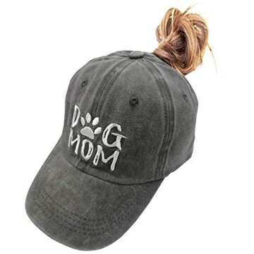 MANMESH HATT Dog Mom Ponytail Baseball Cap Messy Bun Vintage Washed Distressed Twill Plain Hat for Women (Grey, One Size)