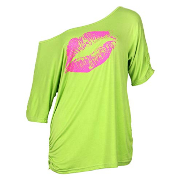 Smile Fish Women Casual Oversized Lips Print Off Shoulder T-Shirt (L, Neon-Green)