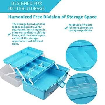 TERGOO 12in Three-Layer Multipurpose Storage Box Folding Tool Box/Art & Crafts Case/Sewing Supplies Organizer/Medicine Box/Family First Aid Box with 2 Trays (Blue)